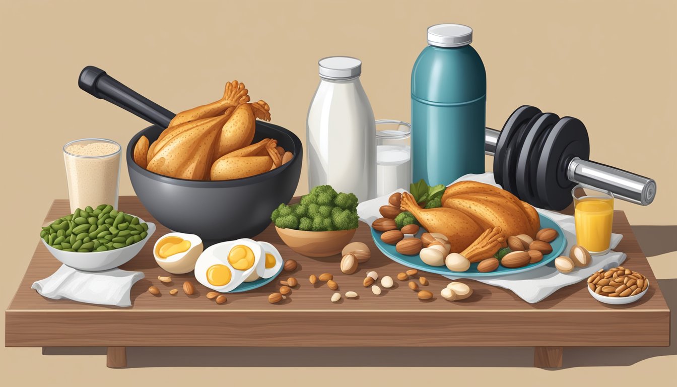 A table filled with protein-rich foods like chicken, eggs, beans, and nuts. A weightlifting bench with dumbbells and a protein shake