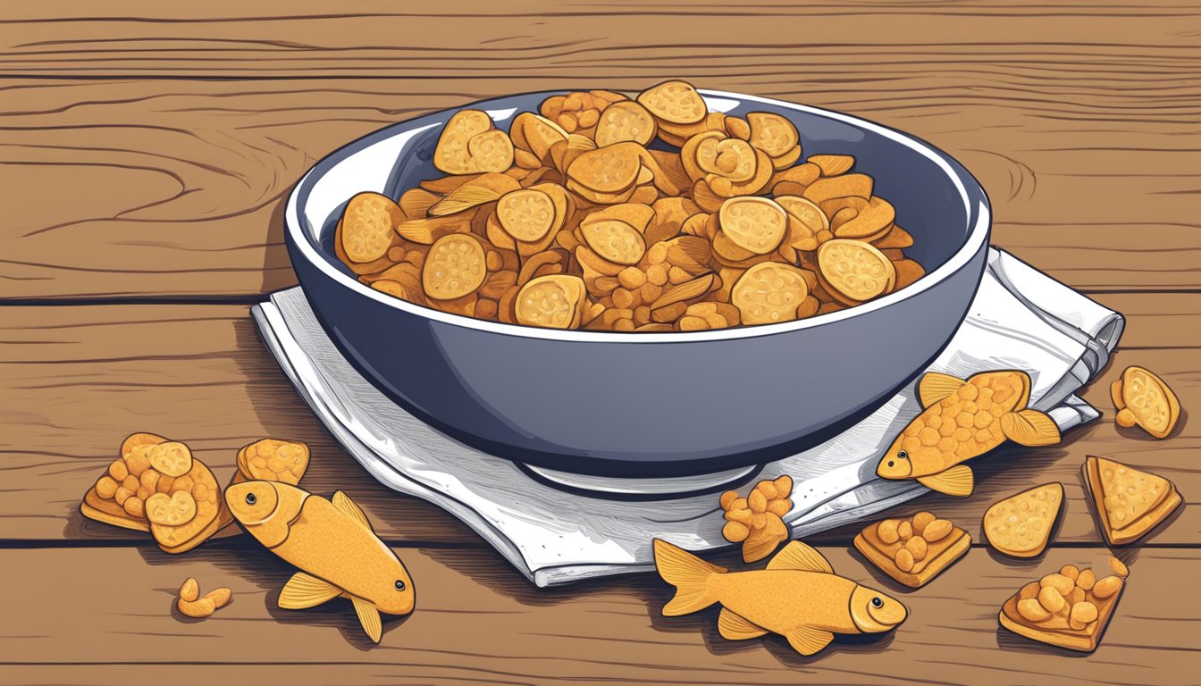 A bowl of Goldfish crackers sits next to pretzels, cheese cubes, and grapes on a wooden cutting board