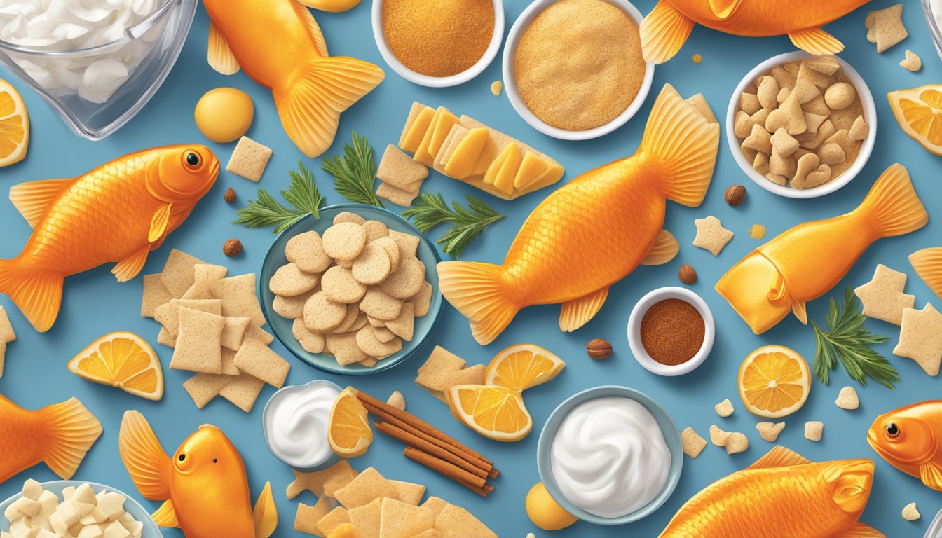 A colorful array of ingredients and spices surround a bowl of Pepperidge Farm Goldfish crackers, showcasing various flavor variations and enhancements