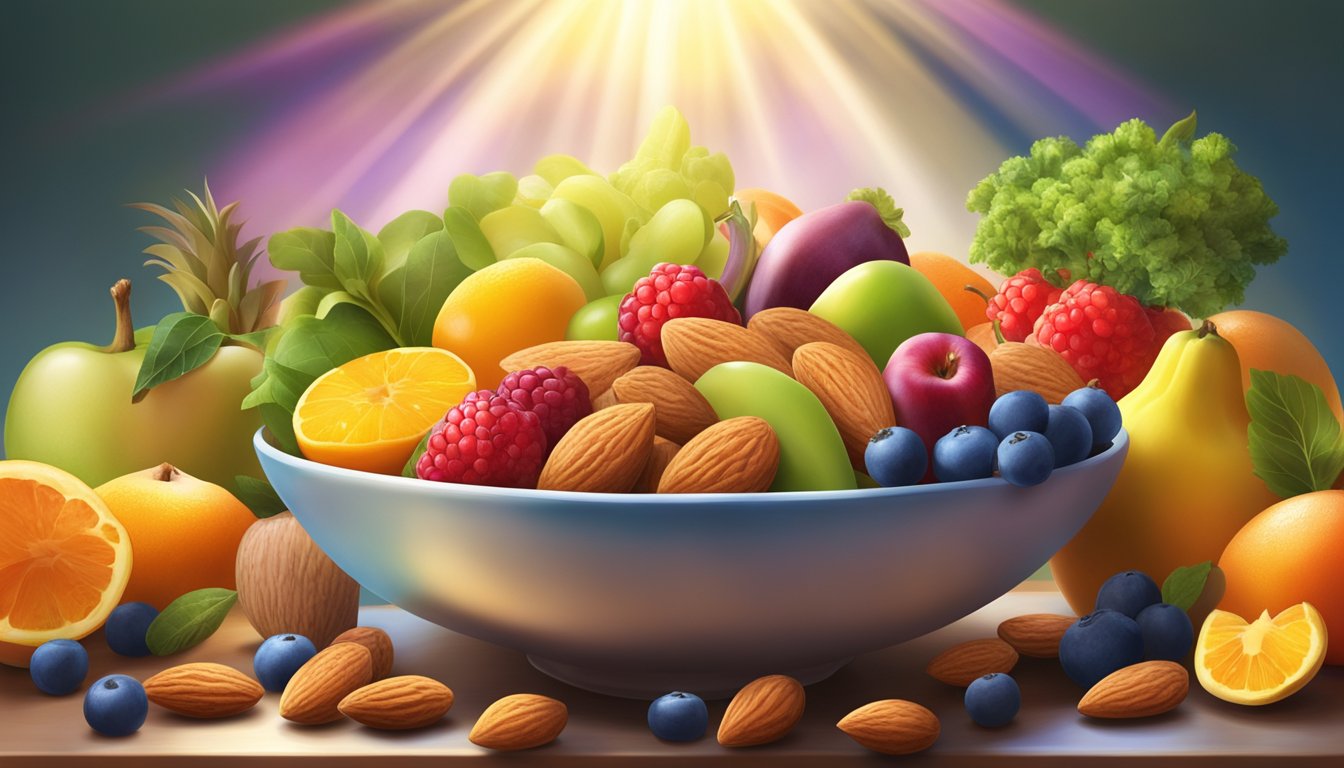 A bowl of almonds surrounded by vibrant fruits and vegetables, with rays of sunlight streaming in, evoking a sense of energy and vitality