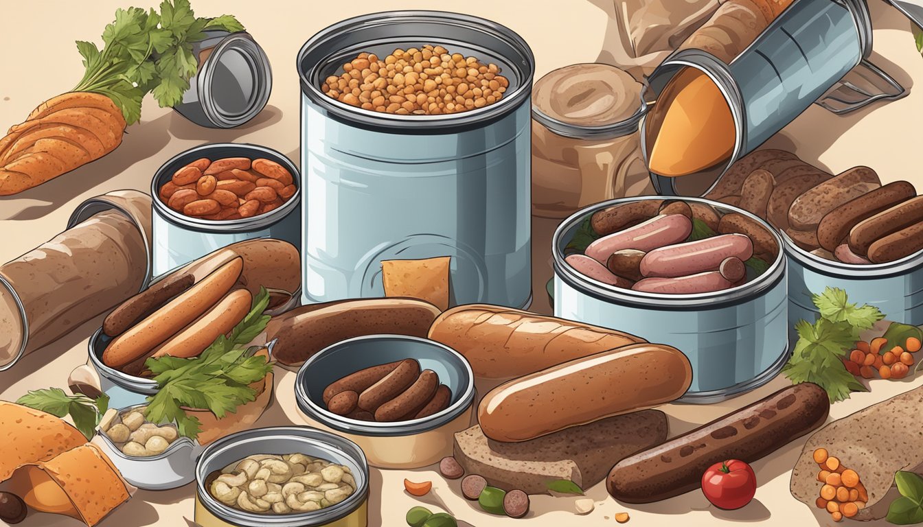 A variety of sausages spilling out of open cans, surrounded by ingredients for quick meals