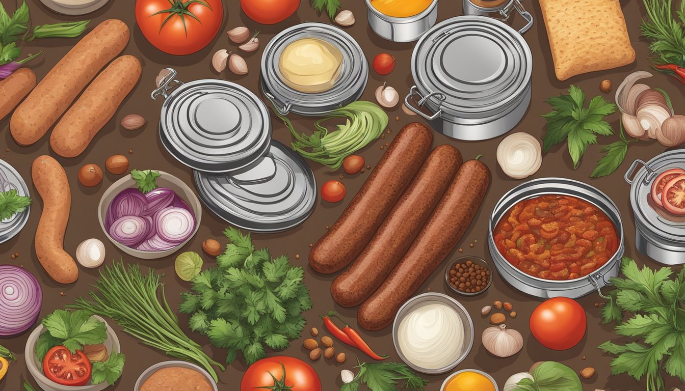 A can of sausage surrounded by various ingredients like tomatoes, onions, and spices on a kitchen counter