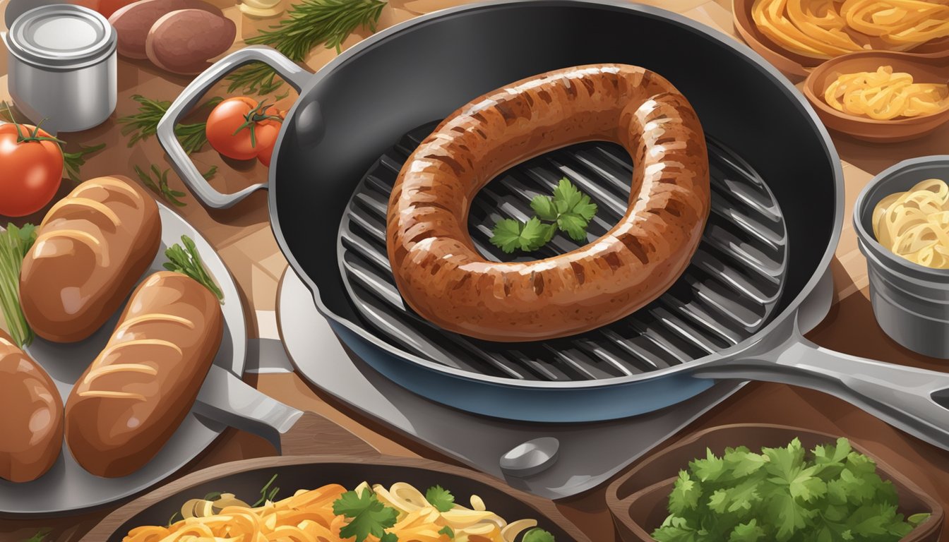 A can of sausage being opened and poured into a sizzling skillet, surrounded by various ingredients and cooking utensils on a kitchen counter