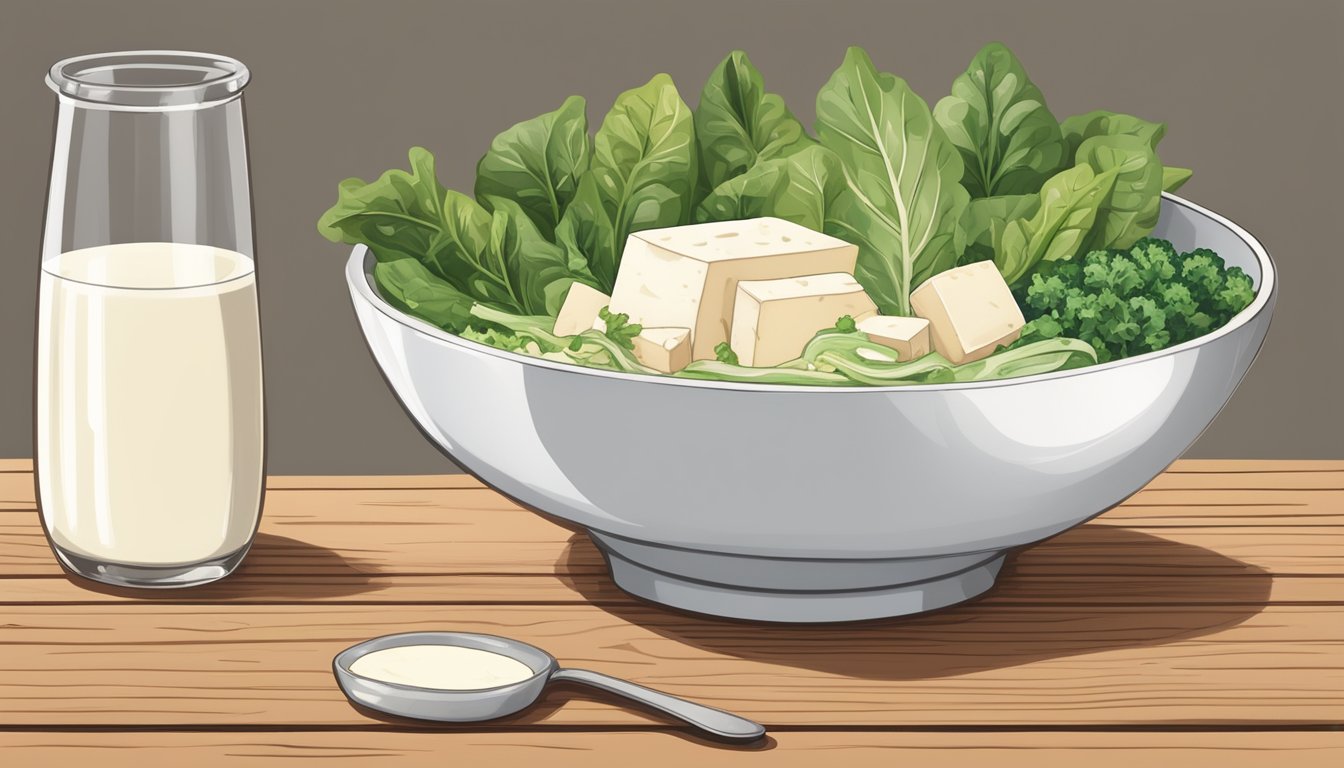 A bowl of tofu surrounded by leafy greens and a glass of fortified plant-based milk on a wooden table