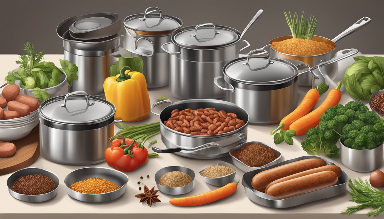 A kitchen counter with open cans of sausage, vegetables, and spices, surrounded by cookware and utensils