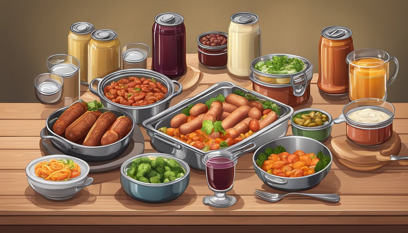 A table set with a variety of canned sausage dishes, surrounded by a selection of complementary side dishes and drinks