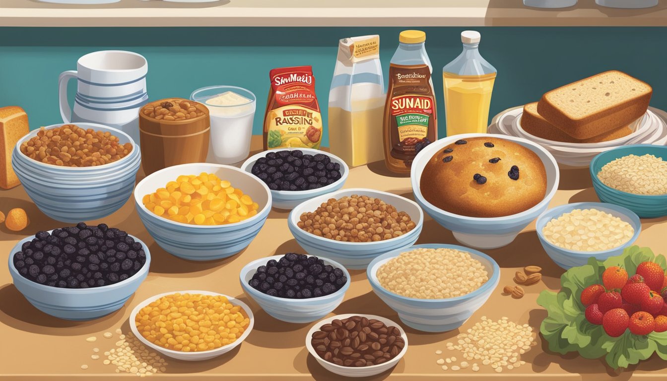 A sun-drenched kitchen counter displays a variety of sweet and savory dishes made with Sun-Maid raisins, including a raisin-studded bread loaf, a bowl of oatmeal with raisins, and a colorful salad with raisins