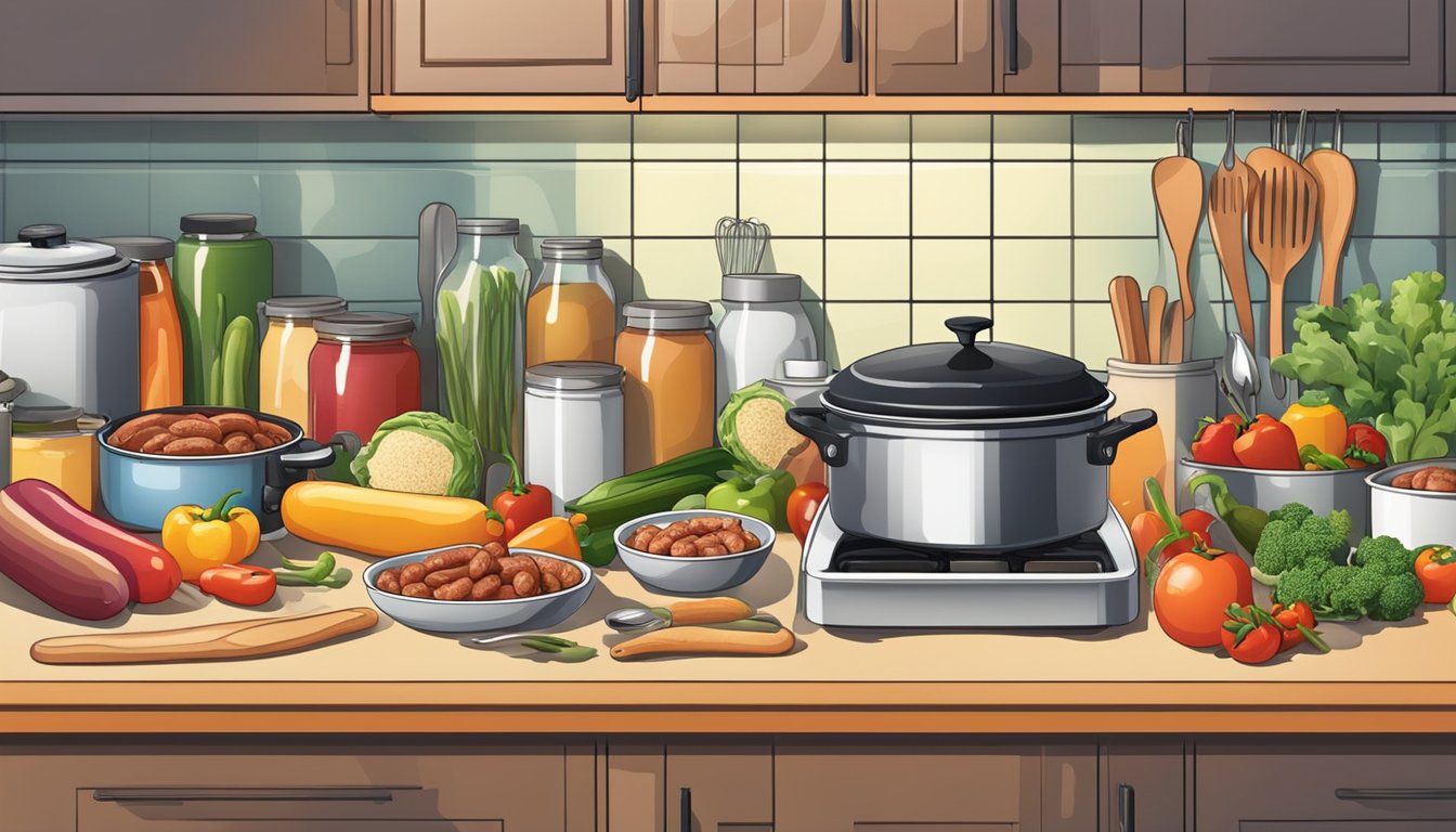 A colorful kitchen counter with open cans of sausage, assorted vegetables, and cooking utensils, showcasing the process of creating quick meals from leftovers