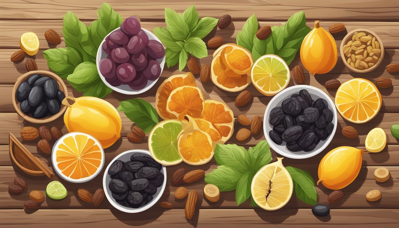 A colorful array of sun-drenched raisins, surrounded by a variety of sweet and savory ingredients such as herbs, spices, and fruits, all arranged on a rustic wooden table