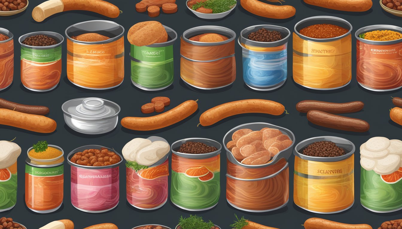 A variety of canned sausages sizzling in pans with regional spices and ingredients, ready to be served as quick and flavorful meals