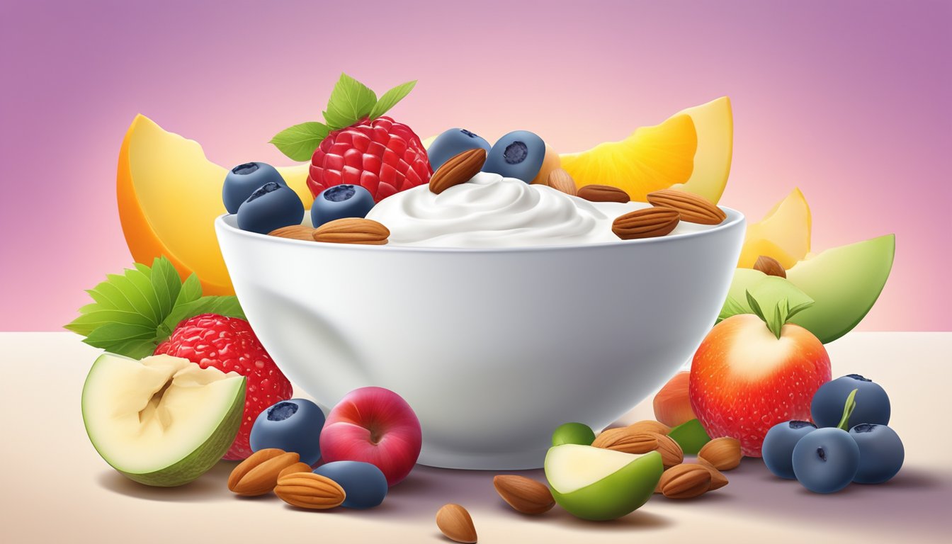 A bowl of Greek yogurt surrounded by colorful fruits and nuts, with a serene and peaceful background setting