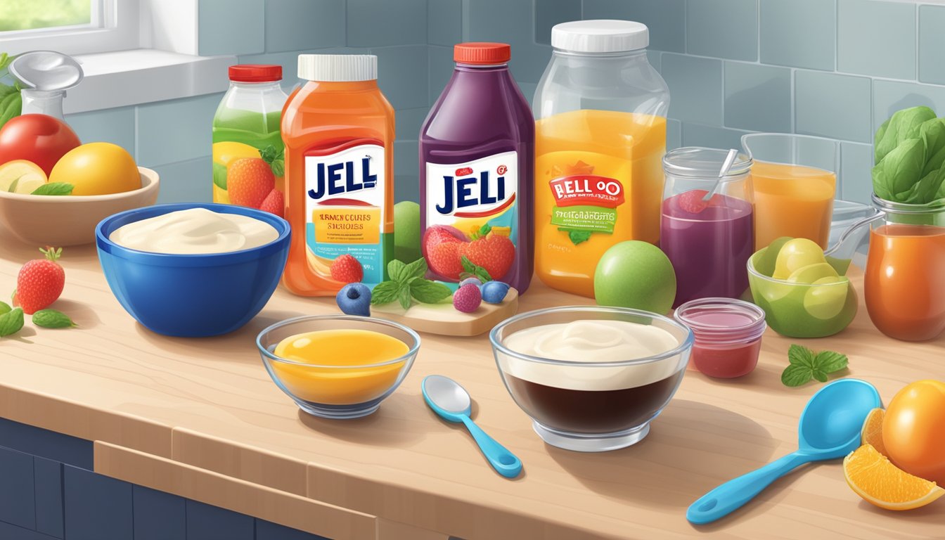 A bowl of Jell-O Instant Pudding mix surrounded by various ingredients and kitchen utensils on a clean, well-lit countertop