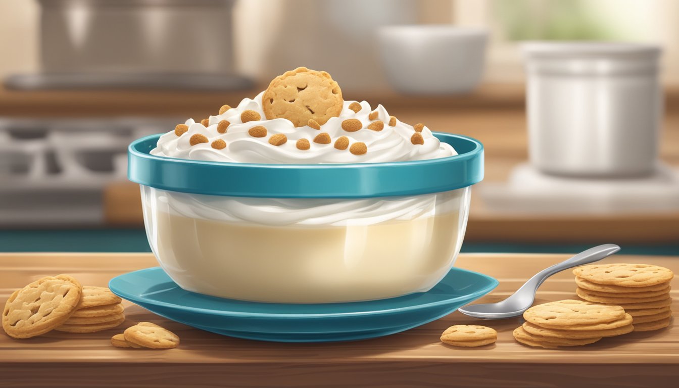 A bowl of creamy Jell-O instant pudding sits on a rustic wooden table, adorned with a dollop of whipped cream and a sprinkling of crushed cookies for added flavor and texture