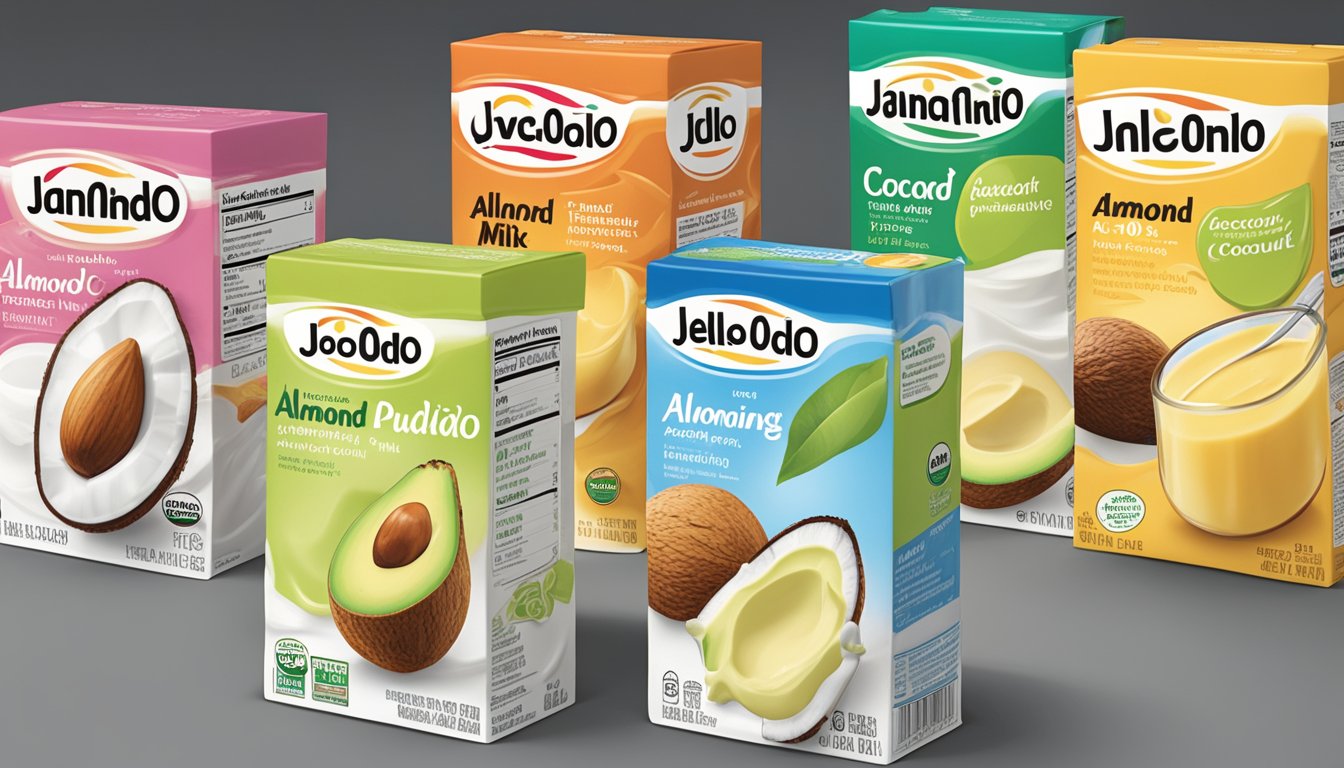 A variety of alternative ingredients such as almond milk, coconut milk, and avocado are displayed next to boxes of Jell-O instant pudding mix