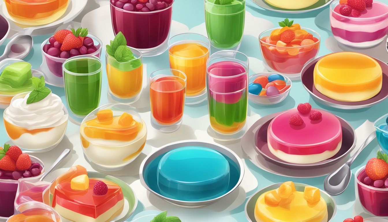 A colorful array of Jell-O instant pudding desserts arranged on a table with various serving utensils and decorative toppings