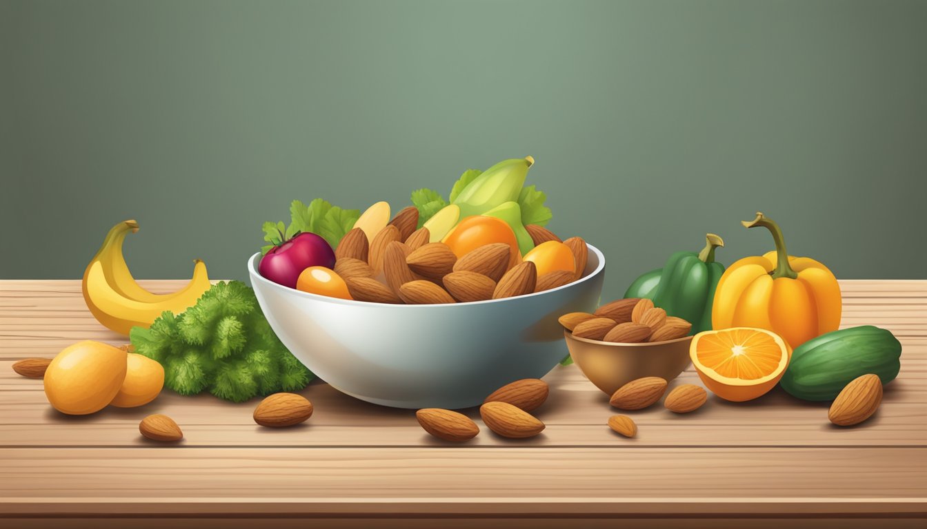 A bowl of mixed almonds, fruits, and vegetables arranged on a wooden table