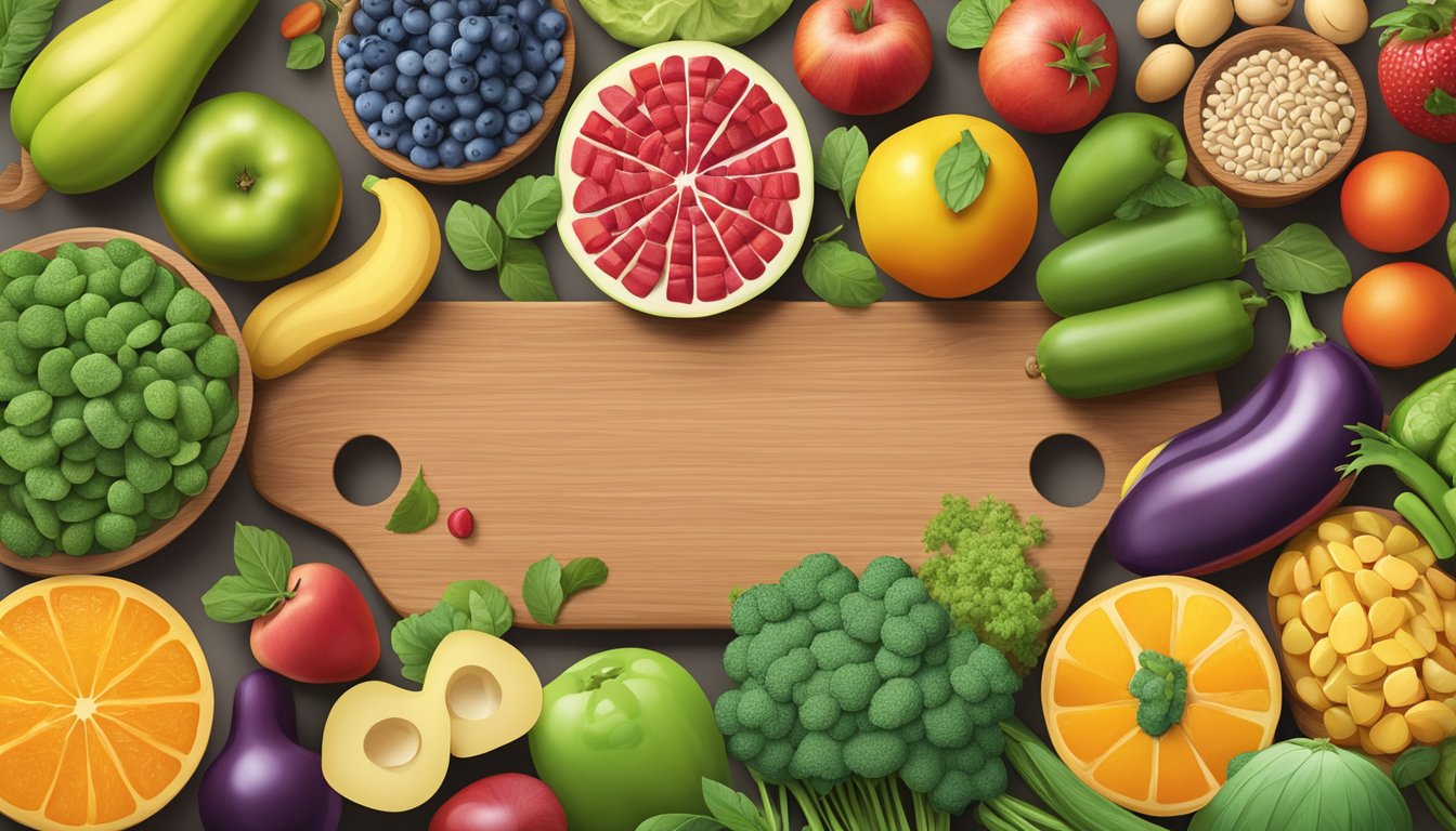 A colorful array of fresh fruits, vegetables, legumes, and whole grains arranged on a wooden cutting board, showcasing the variety of foods available for a balanced plant-based diet