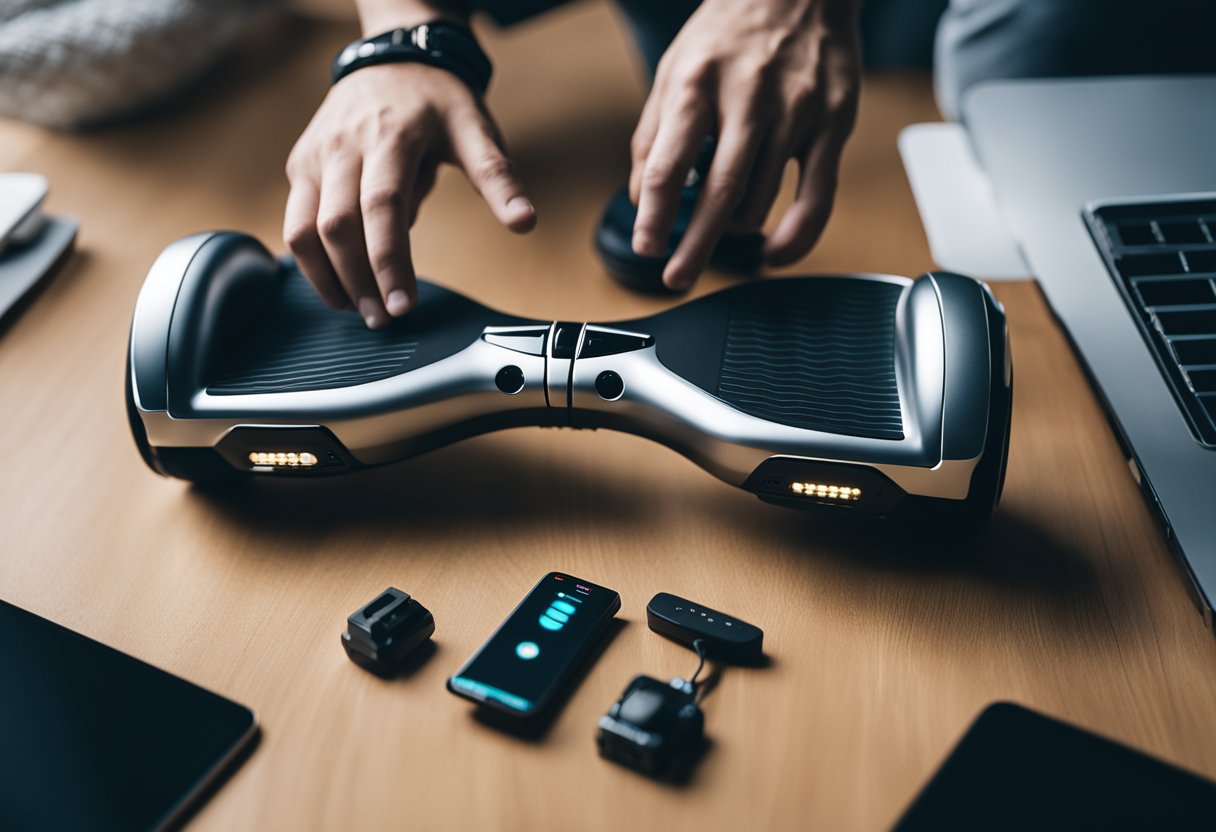 A person riding a hoverboard while surrounded by new electronic devices and toys