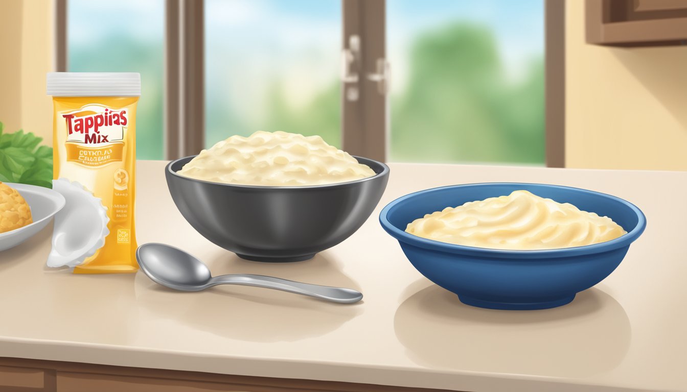 A bowl of tapioca pudding mix with a spoon and a pie crust on a kitchen counter