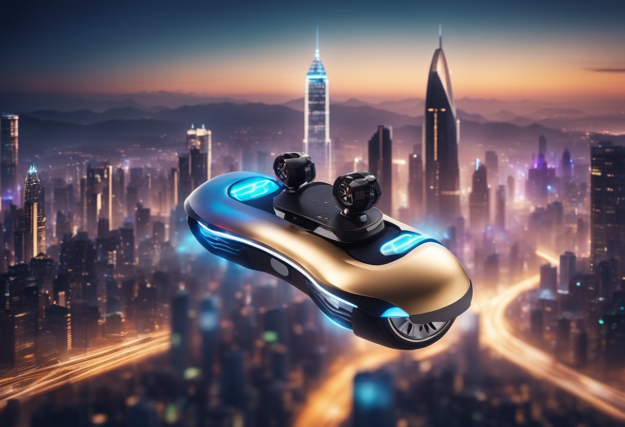 A sleek hoverboard hovers above a futuristic city skyline, emitting a soft glow from its electronic components