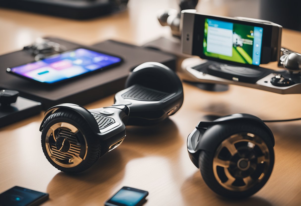 A hoverboard surrounded by electronic devices and toys, showcasing its new technology