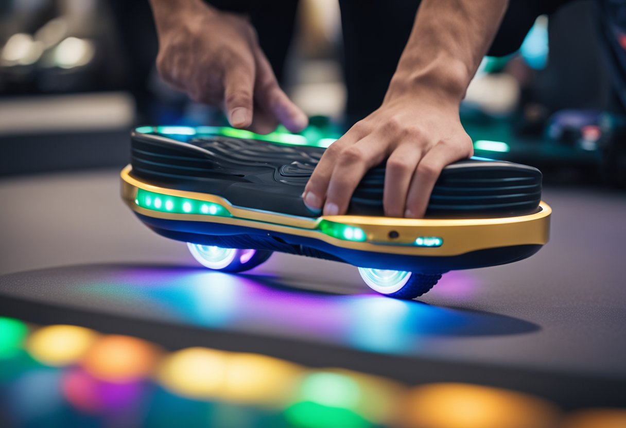 A person selecting a hoverboard from a display of new technology and electronic toys