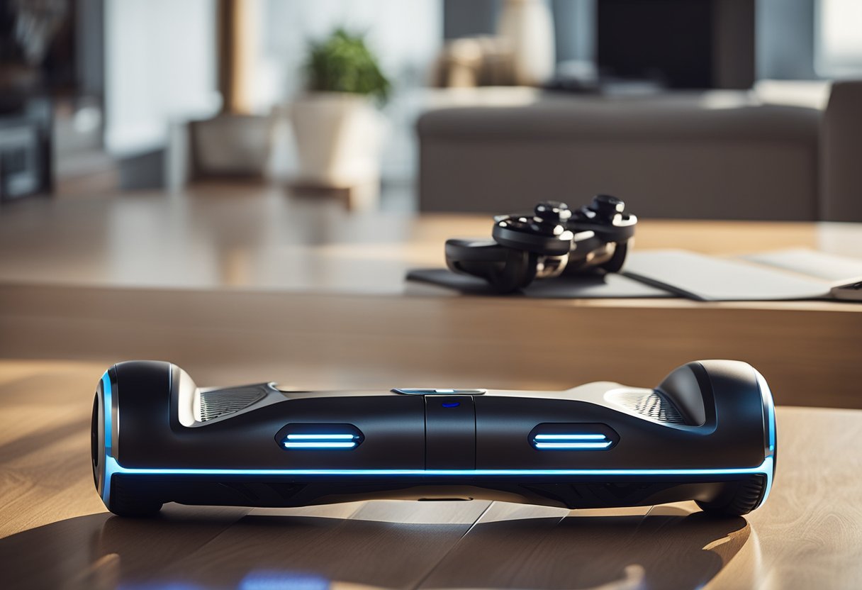 A hoverboard charging on a sleek, modern docking station surrounded by various electronic gadgets and toys