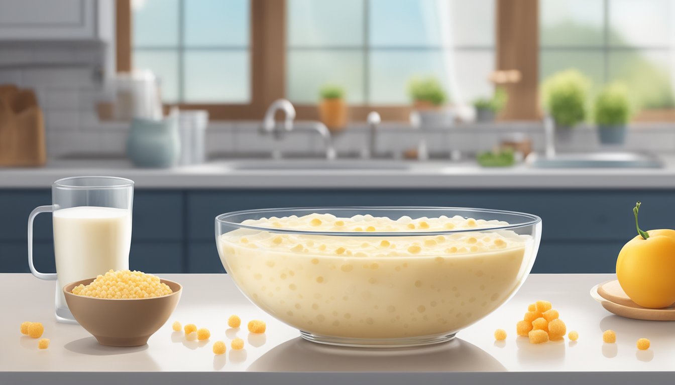 A clear glass bowl filled with instant tapioca pudding surrounded by ingredients like milk and sugar on a clean kitchen counter