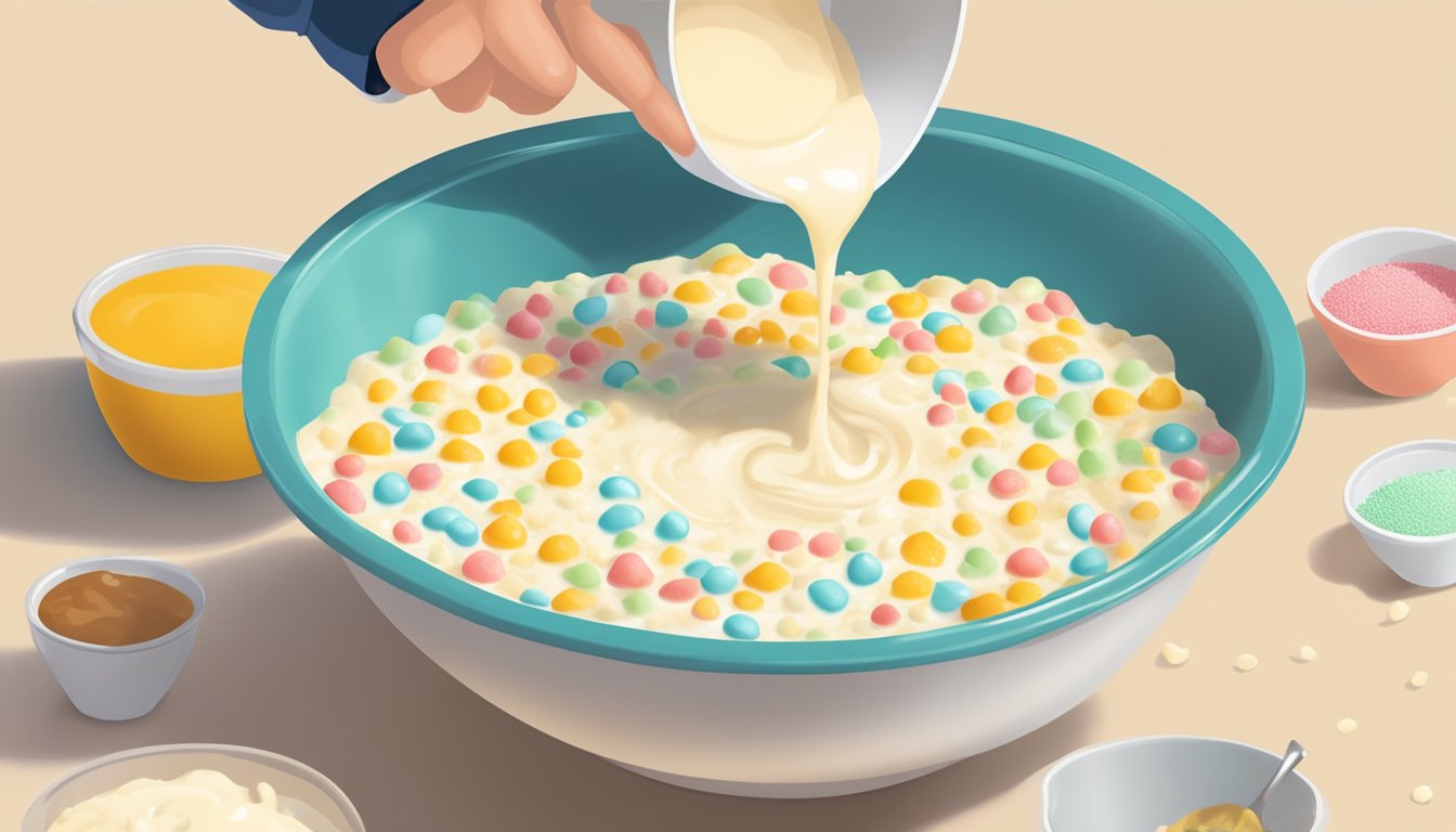 A hand pouring instant tapioca pudding into a mixing bowl with pie fillings and various flavorings scattered around