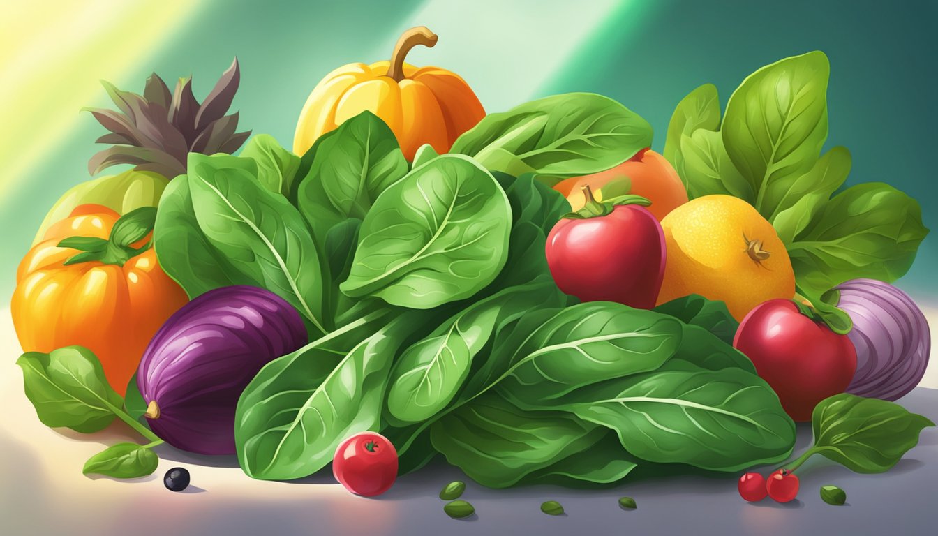 A colorful pile of fresh spinach leaves surrounded by vibrant fruits and vegetables, with rays of light shining down on them