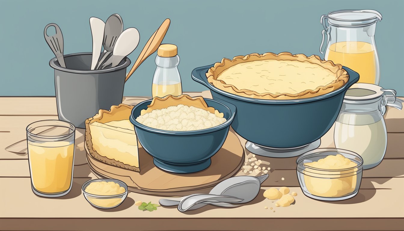 A mixing bowl filled with tapioca pudding and a pie crust, surrounded by ingredients and utensils