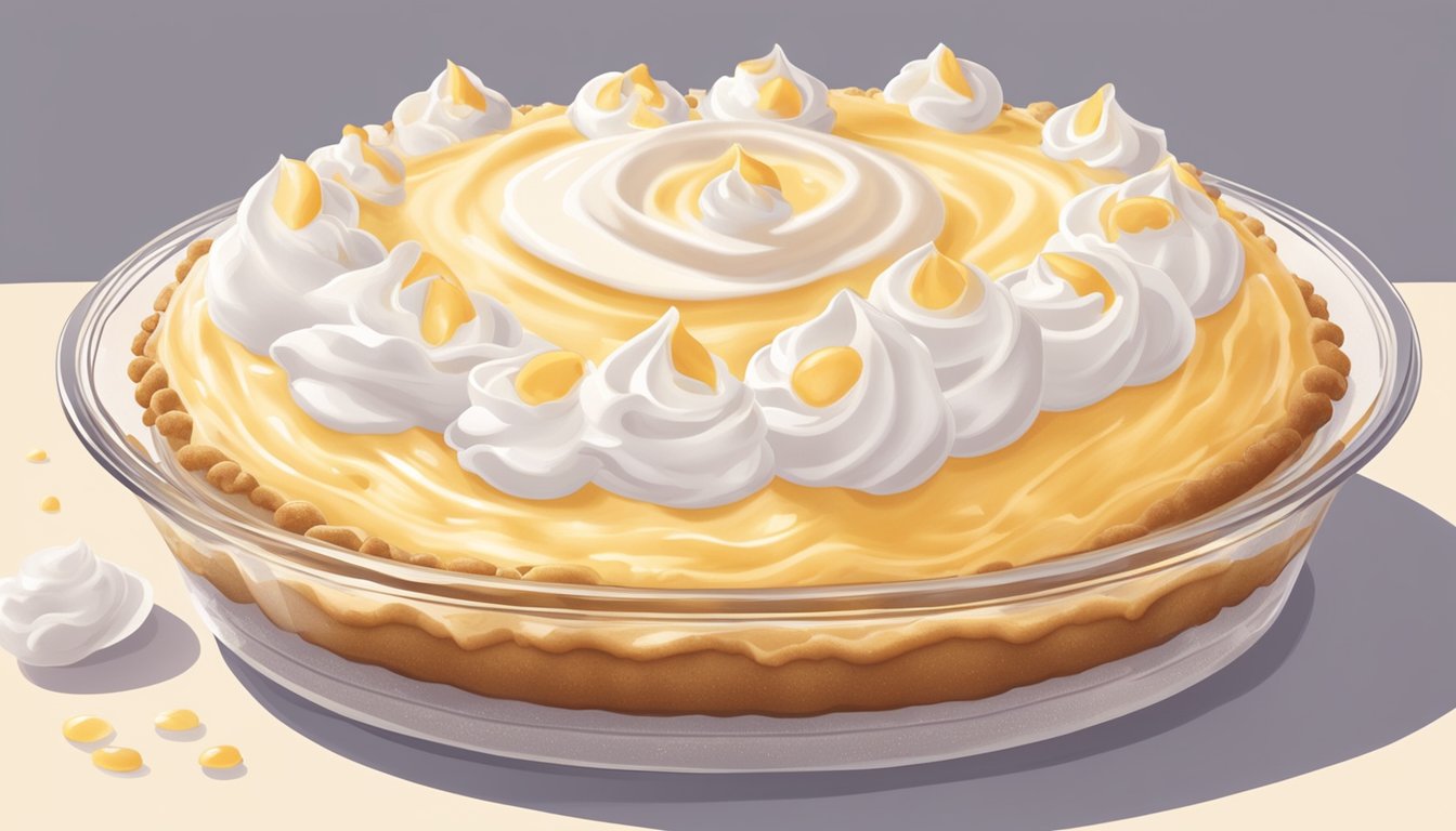 A hand reaching for a freshly made tapioca pudding pie, with a glistening glaze on top and a decorative border of whipped cream