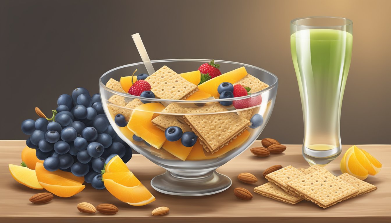 A bowl of Triscuit crackers topped with fresh fruits and nuts, surrounded by a glass of refreshing juice