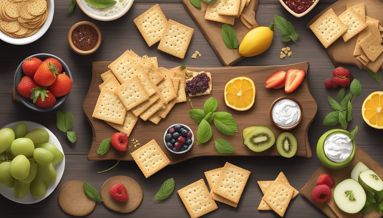 A rustic wooden table adorned with an assortment of Triscuit crackers topped with seasonal and thematic ingredients like fresh fruits, herbs, and spreads