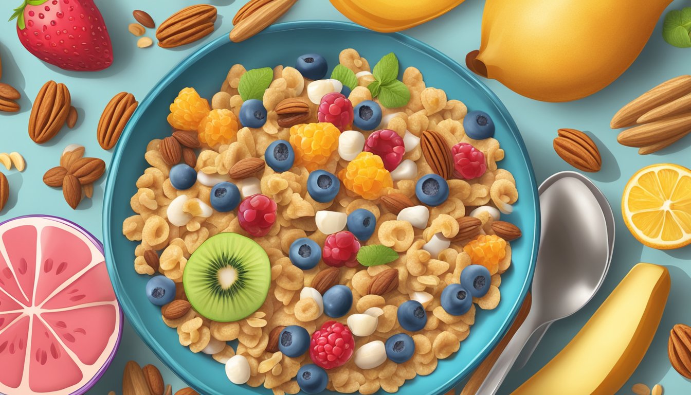 A colorful bowl of Kix cereal mixed with fruits and nuts, surrounded by recipe ingredients and a chef's hat