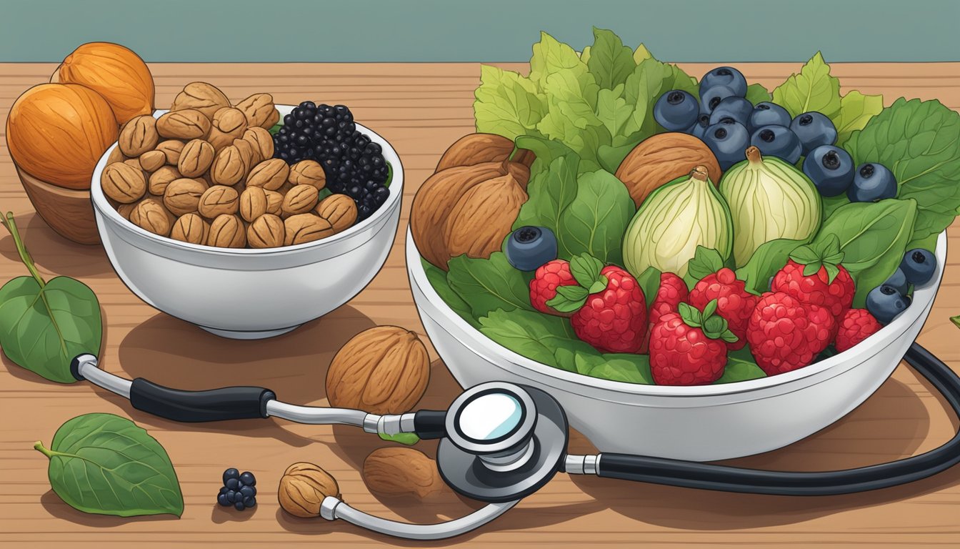 A bowl of walnuts surrounded by heart-healthy foods like berries and leafy greens, with a stethoscope resting nearby