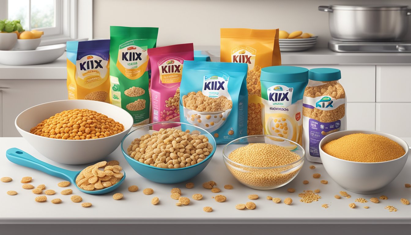 A colorful array of Kix cereal, measuring cups, and baking ingredients on a clean kitchen counter