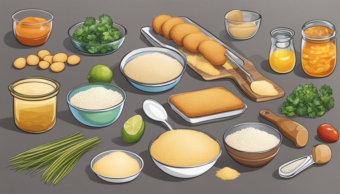 A kitchen counter with various ingredients and utensils for breaded recipes, including Progresso bread crumbs, ready for use in cooking