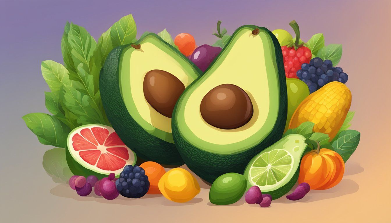 A ripe avocado surrounded by colorful fruits and vegetables, with a heart-shaped symbol in the background