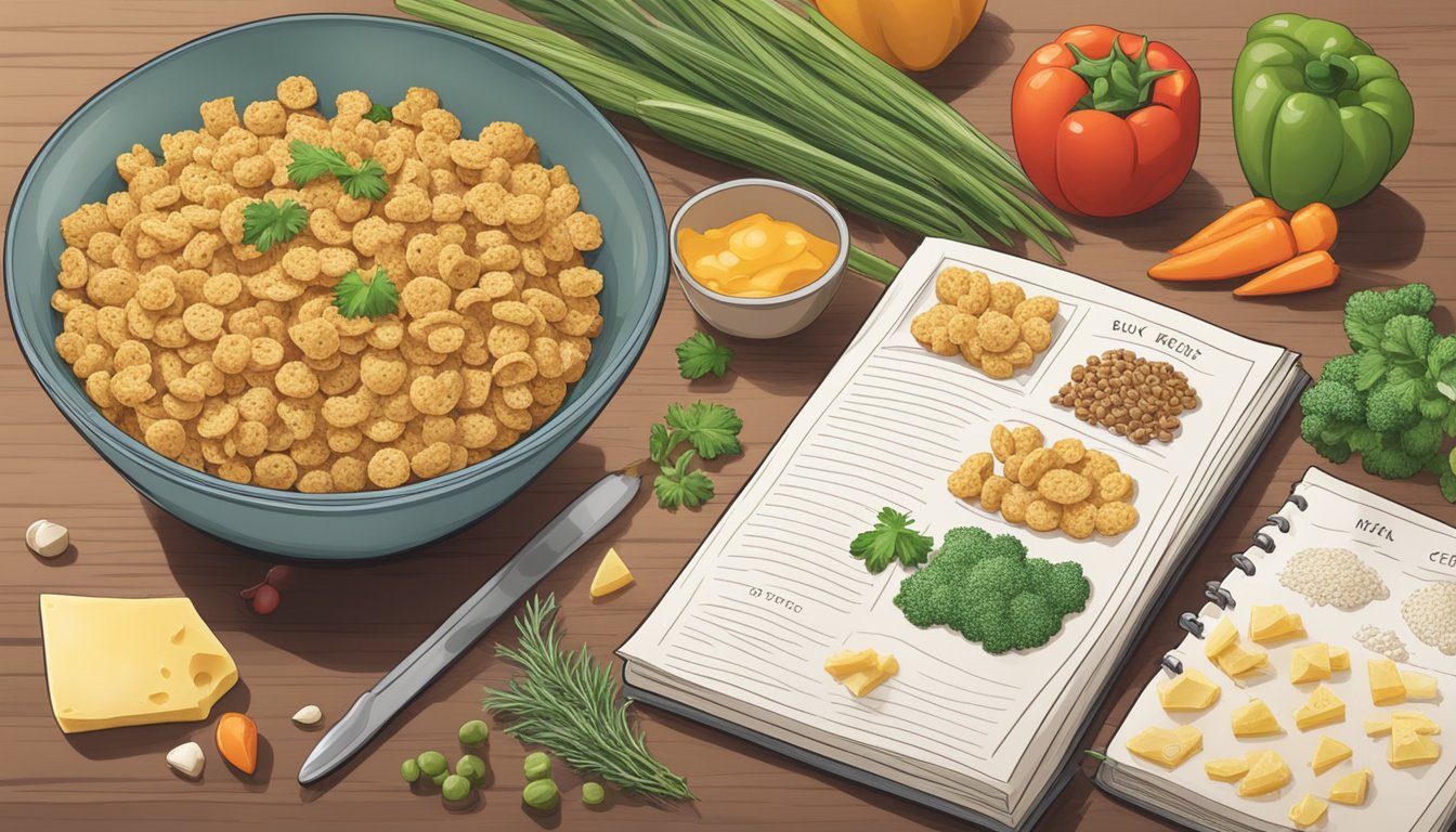 A bowl of Kix cereal mixed with savory ingredients like herbs, cheese, and vegetables, sitting on a kitchen counter next to a recipe book