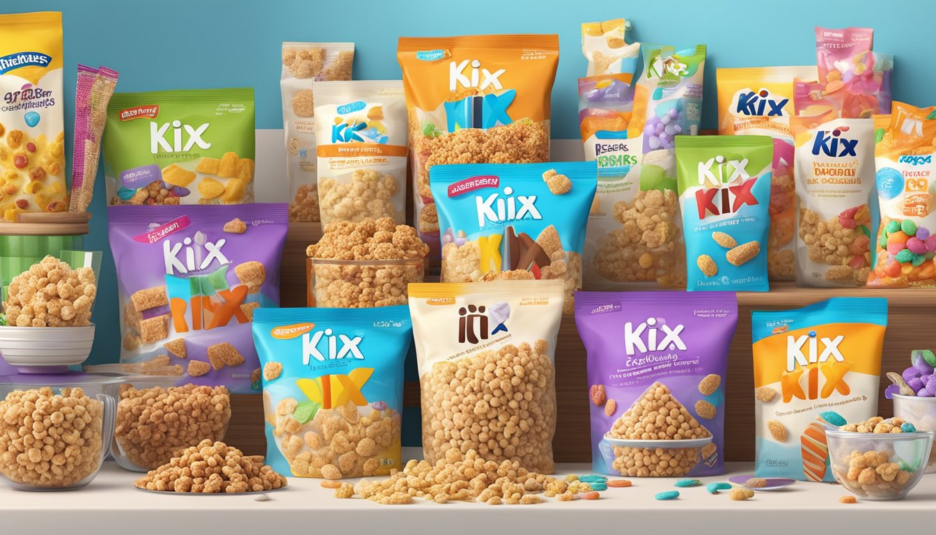 A colorful array of Kix cereal treats, from bars to pops, displayed on a kitchen counter with ingredients and utensils nearby