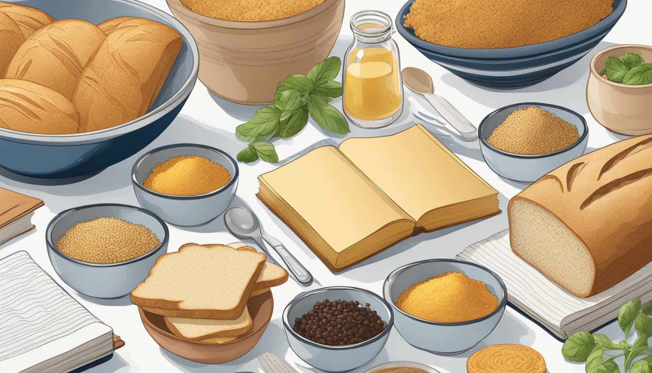 A kitchen counter with open cookbooks, bowls of ingredients, and a variety of Progresso bread crumbs