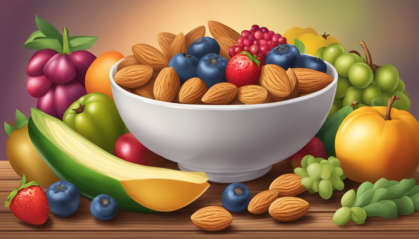 A bowl of almonds spilling out onto a wooden table surrounded by colorful fruits and vegetables