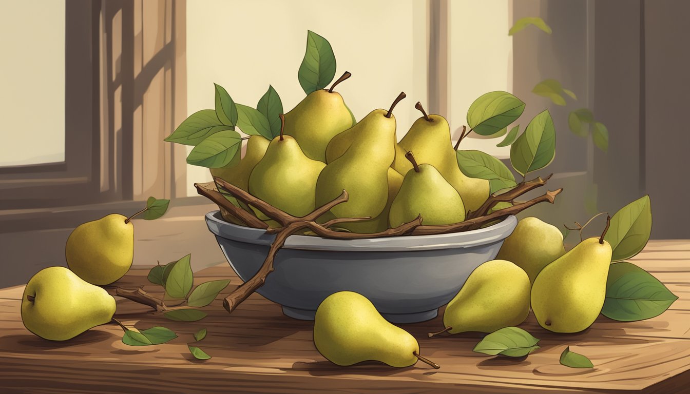 A bowl of ripe pears spilling out onto a rustic wooden table, surrounded by scattered leaves and a few fallen twigs