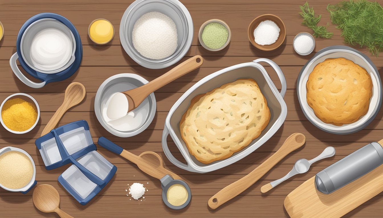 A wooden table with a mixing bowl, measuring cups, and a box of savory scone mix surrounded by essential baking tools