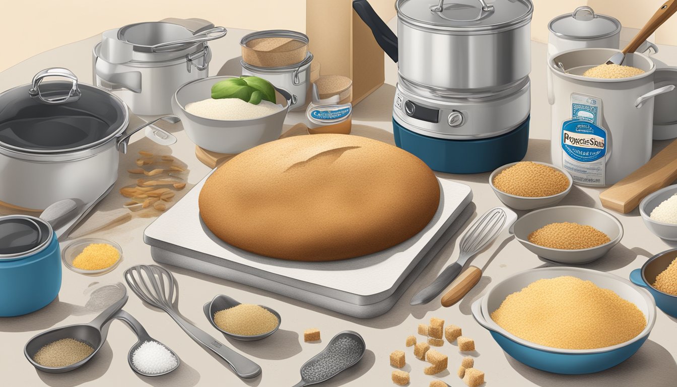 A kitchen counter with various ingredients and a box of Progresso bread crumbs, surrounded by utensils and cookware