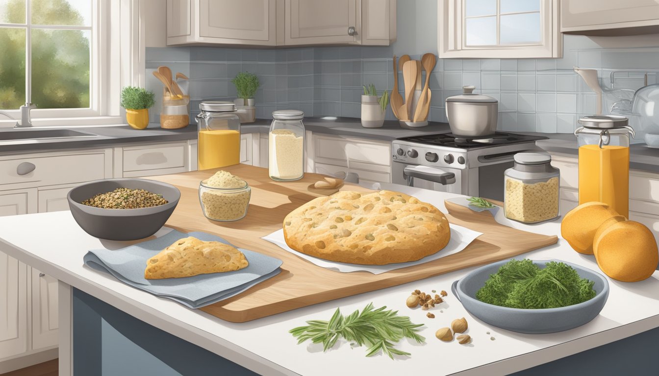 A kitchen counter with a box of scone mix and various savory ingredients scattered around