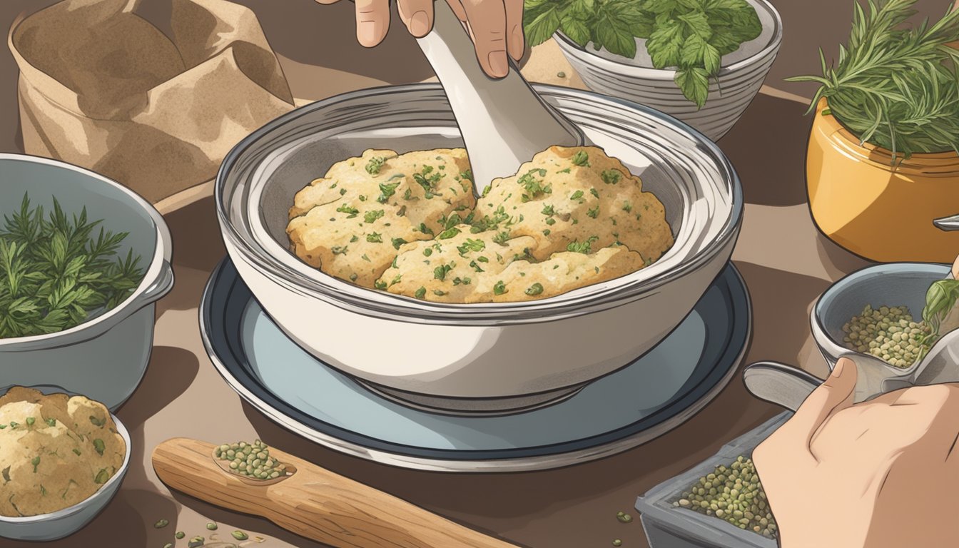 A hand pouring savory boxed scone mix into a bowl, with visible herbs and spices