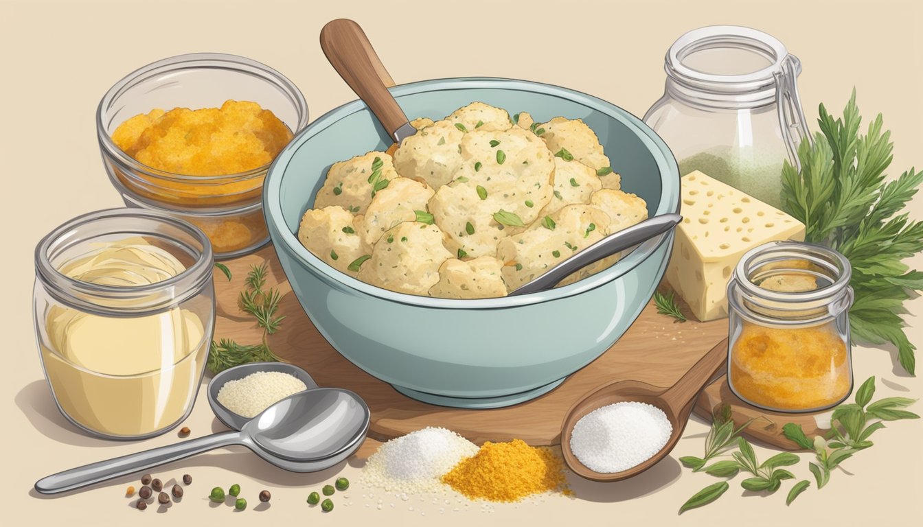 A bowl of scone mix surrounded by savory ingredients like herbs, cheese, and spices, with a mixing spoon and measuring cups nearby