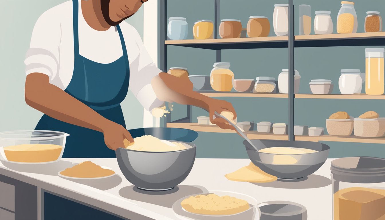 A hand pouring scone mix into a mixing bowl, while another hand stirs the ingredients. A shelf of neatly organized baking supplies in the background